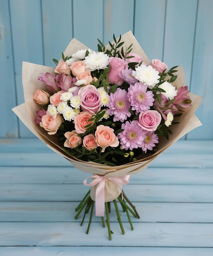 Букет цветов из: Хризантемы, Розы и Альстромерии в Крупино