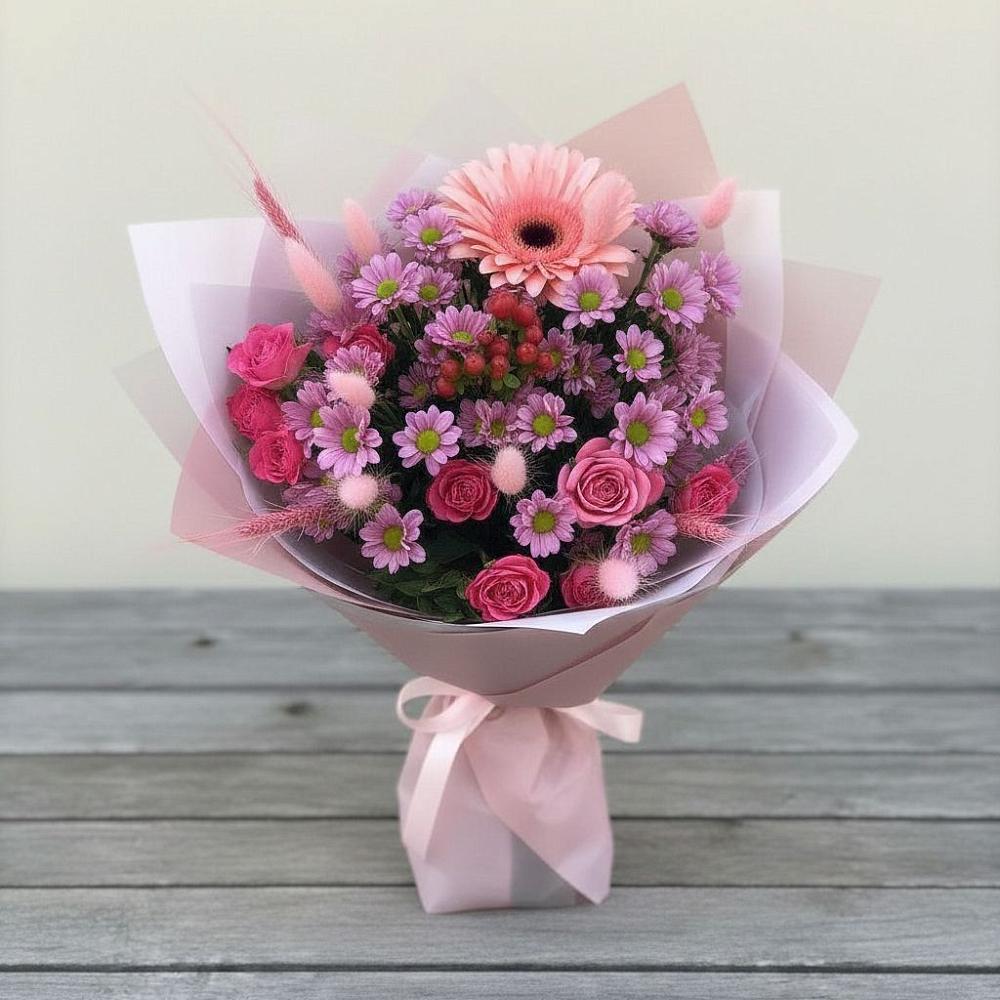 Букет цветов из: Розы, Герберы и Хризантемы в Крупино