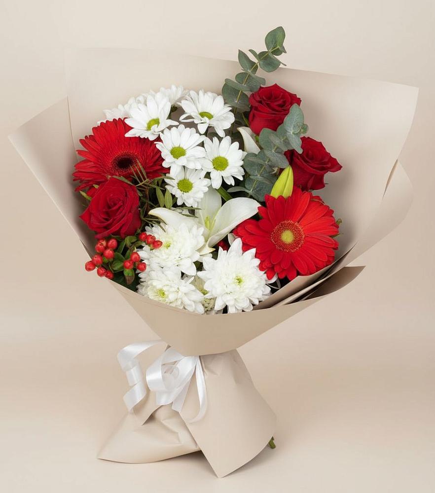 Букет цветов из: Розы, Хризантемы, Герберы и Лилии в Крупино