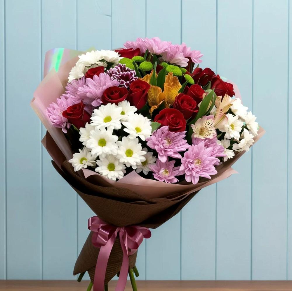 Букет цветов из: Розы, Хризантемы и Альстромерии в Крупино