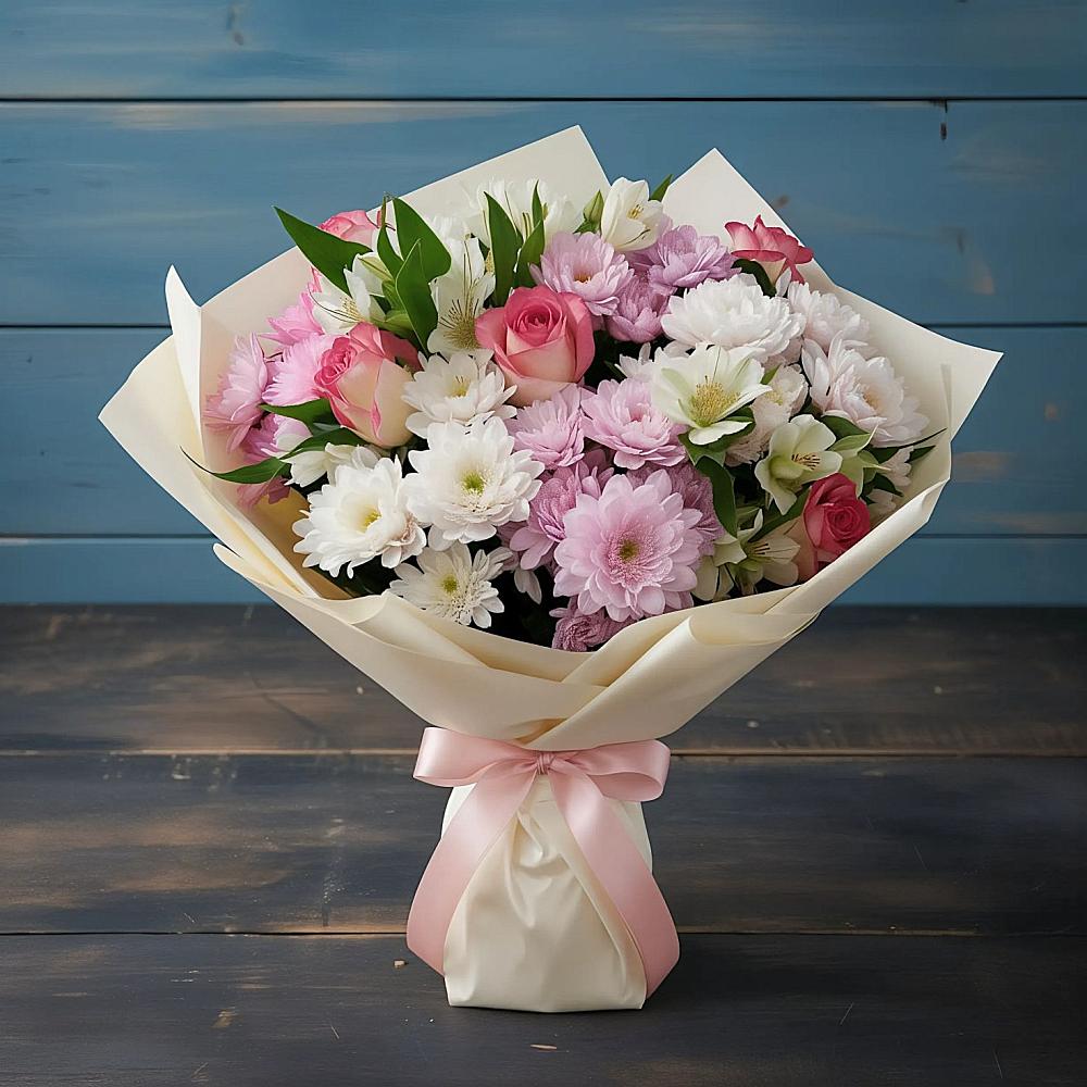 Букет цветов из: Хризантемы, Альстромерии и Розы в Крупино